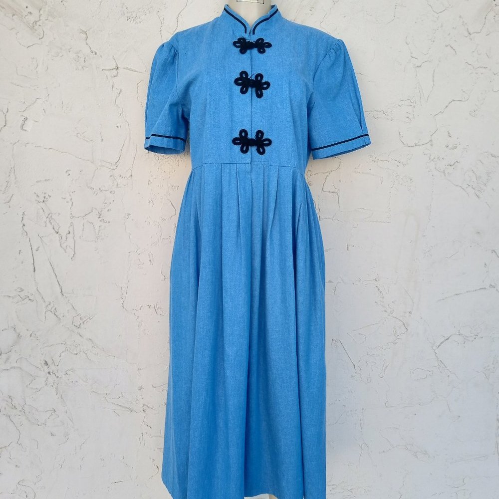 Vintage Sky Blue Midi Dress with Black Accents